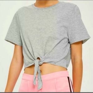 Topshop-Gray Short sleeve Cropped Tie-Tee-12